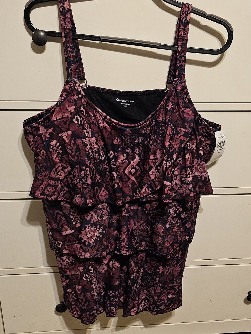 Coldwater Creek Plus Size 24W Ruffle Swim Top, Black & Plum Colors